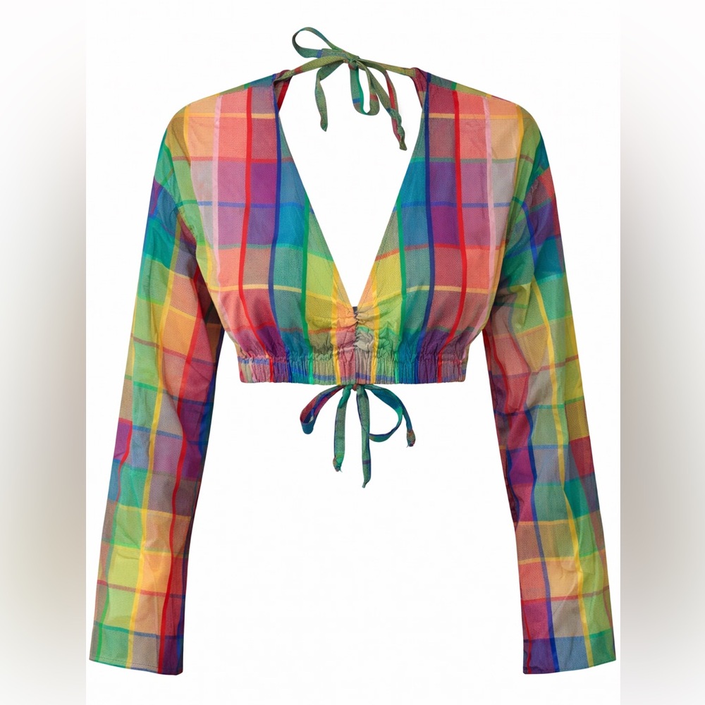 Y2K Plaid Crop Top Tie Back Rainbow Festival Long Sleeve XS S